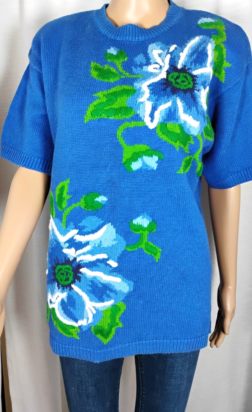 VTG Outlander Ramie Cotton Floral Intarsia Knit Sweater Tunic Oversized L
